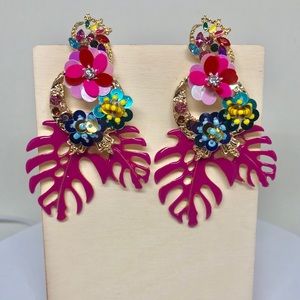 Pink Palm Leaf Statement Earrings